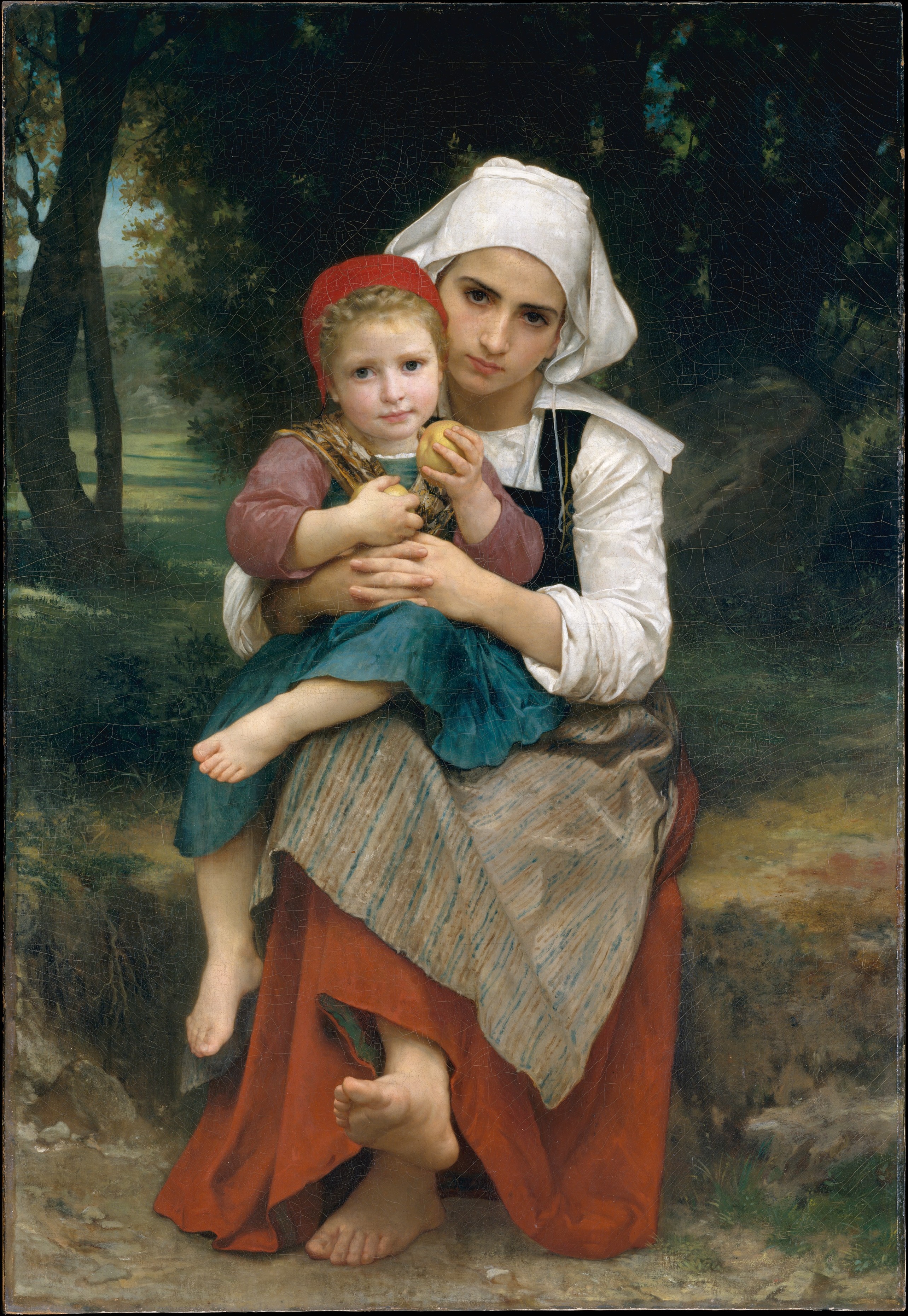 A young Breton girl in traditional white bonnet and apron sits with her toddler brother in her lap, holding an apple, in dappled woodland light.